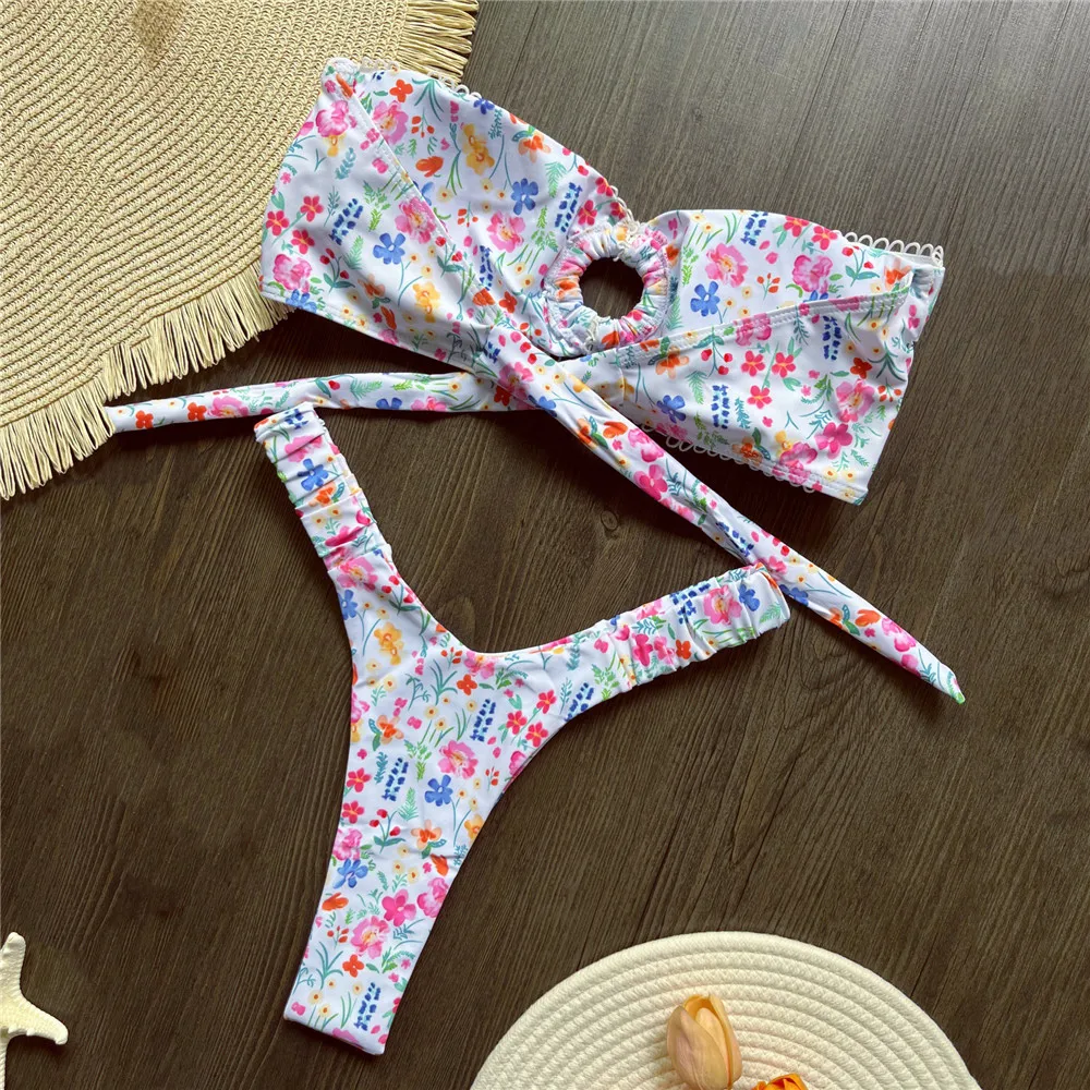 Sexy Floral Print Bandeau Bikinis Sets Woman Swimsuit 2025 Ring Ruched Back Knotted Swimwear High Cut Bathing Suit Bikini Dames