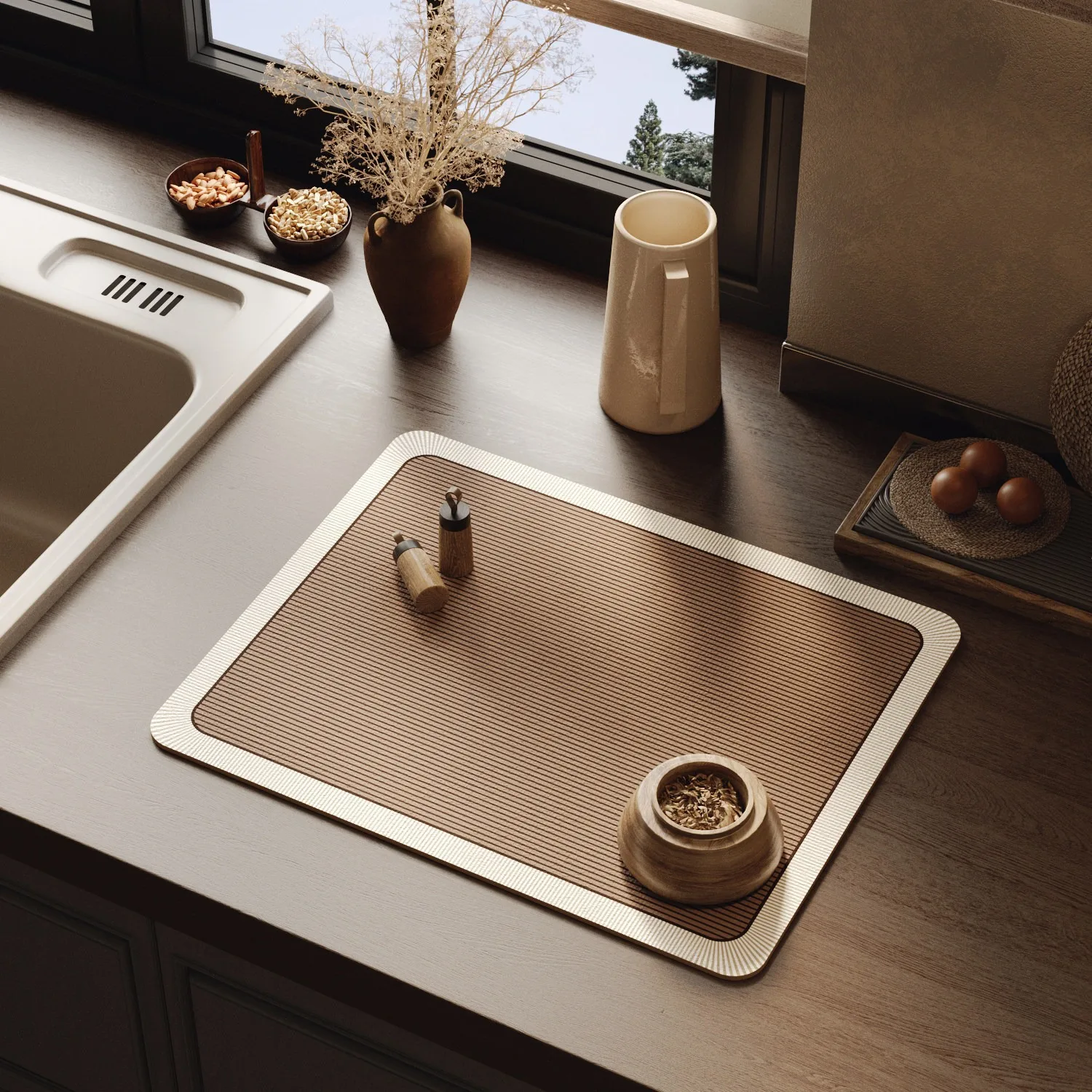 VIKAMA wabi sabi japanese minimalist quick dry kitchen mat dark brown gold border kitchen countertop table protector pad Rug