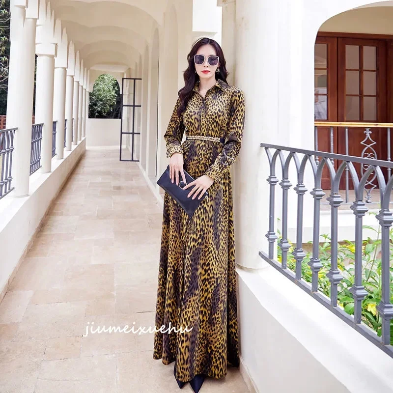 2025 New Women's Clothing Spring High-End Waist Cinching And Slimming Brown Leopard Print To Ankle Extra Long Dress Autumn Mujer