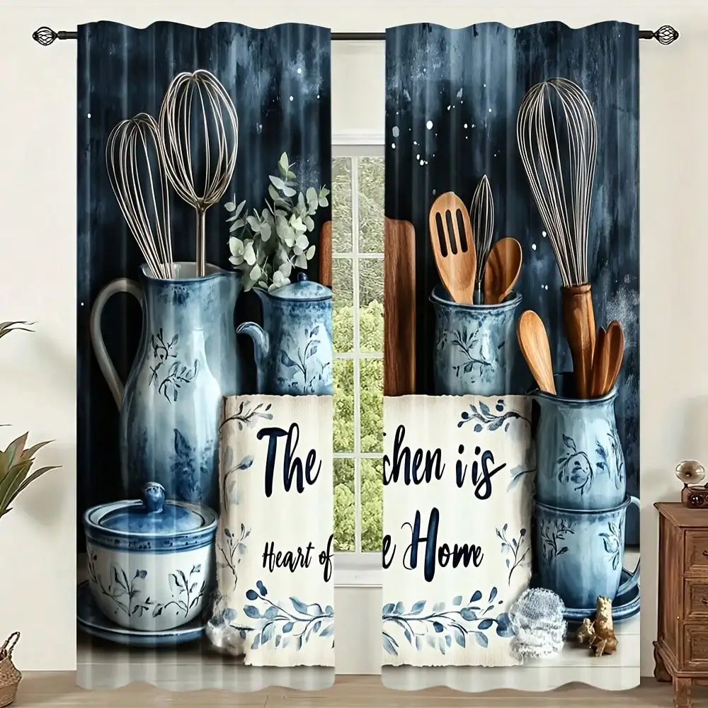 Farmhouse Kitchen Curtain, Rustic Utensil Print Blackout Curtains Country Style Window Drapes with Quote, Kitchen Decor 2 Panels
