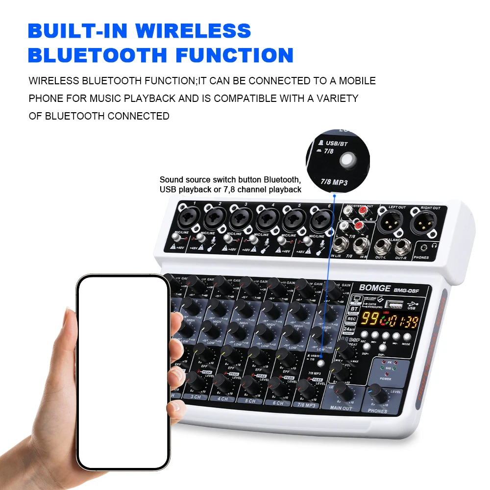 BOMGE 8 channel mini audio mixer  Line Mixer ，DC 5V，Bluetooth,48V ,24DSP  effects  for Small Clubs or Bars, Studio Recording