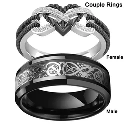 Anillos de pareja con dijes para hombre, anillo de dragón celta de acero inoxidable, corazón, circonita negra, conjunto de anillos de boda para mujer, joyería para el Día de San Valentín