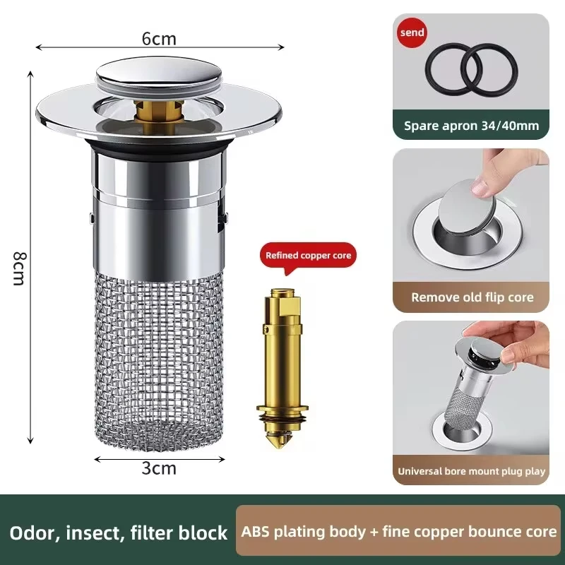 Waschbecken-Stecker, geruchshemmend, Pop-Up-Bounce-Kern, Waschbecken-Stopper, Haarfänger, Dusche, Waschbecken-Sieb, Edelstahl-Filter, springender Kern – Detail 8