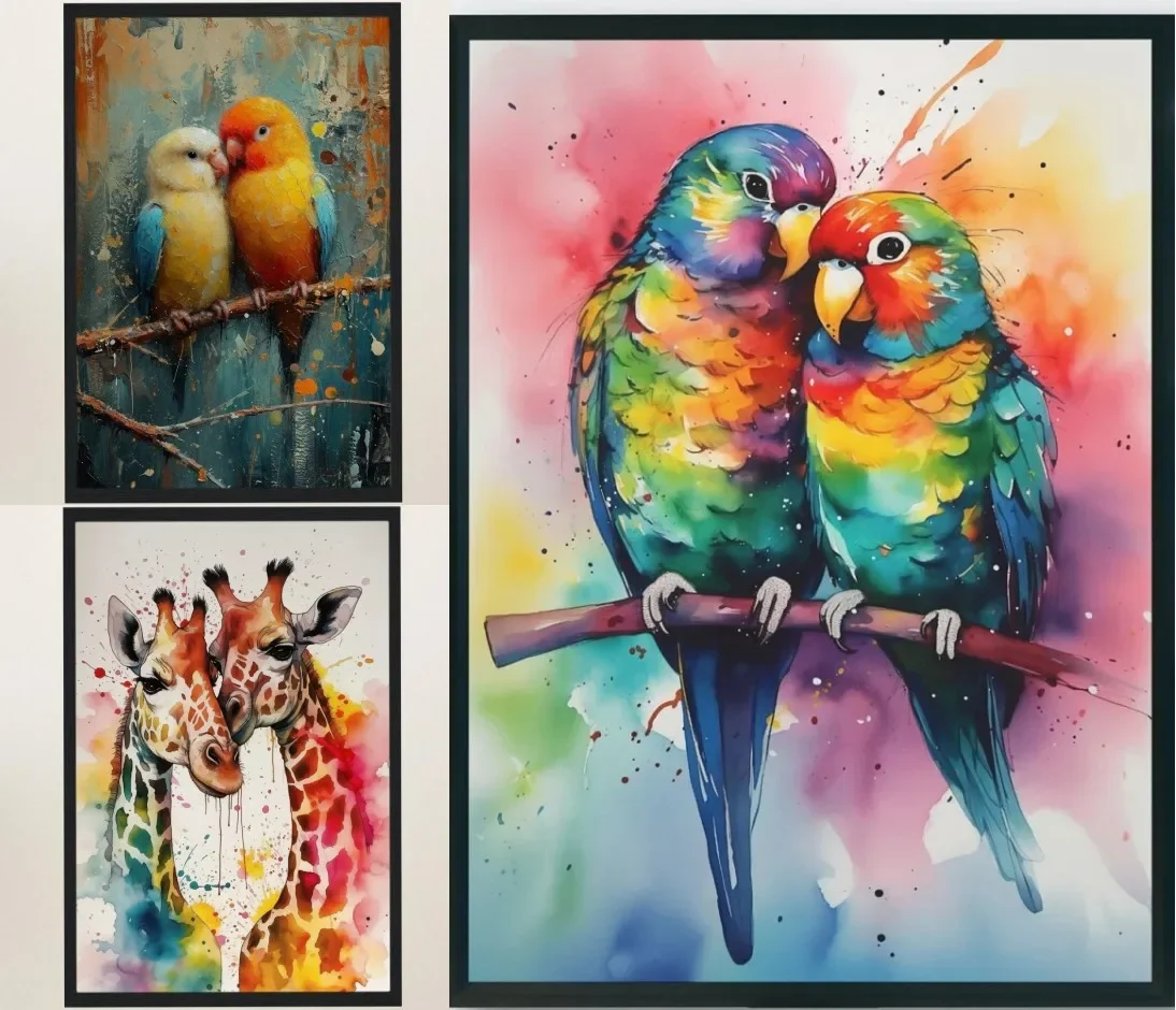 

Watercolor Lovebirds Painting Print Abstract Couple Animal Parrot Giraffe Swan Canvas Poster Gift Living Room Home ation