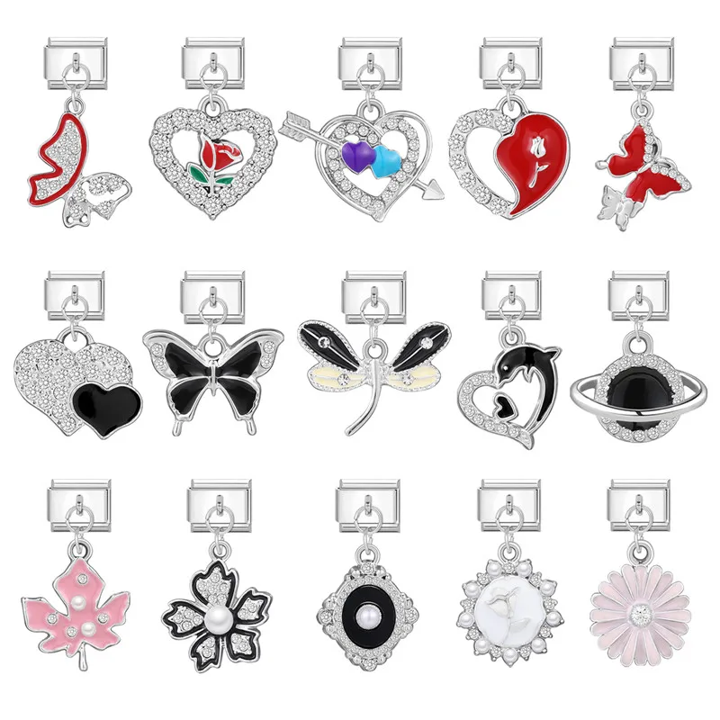 Butterfly Heart Flowers Pendant Italian Charm Links Bracelets Stainless Steel Fit 9mm Charms Bracelet DIY Jewelry Gift