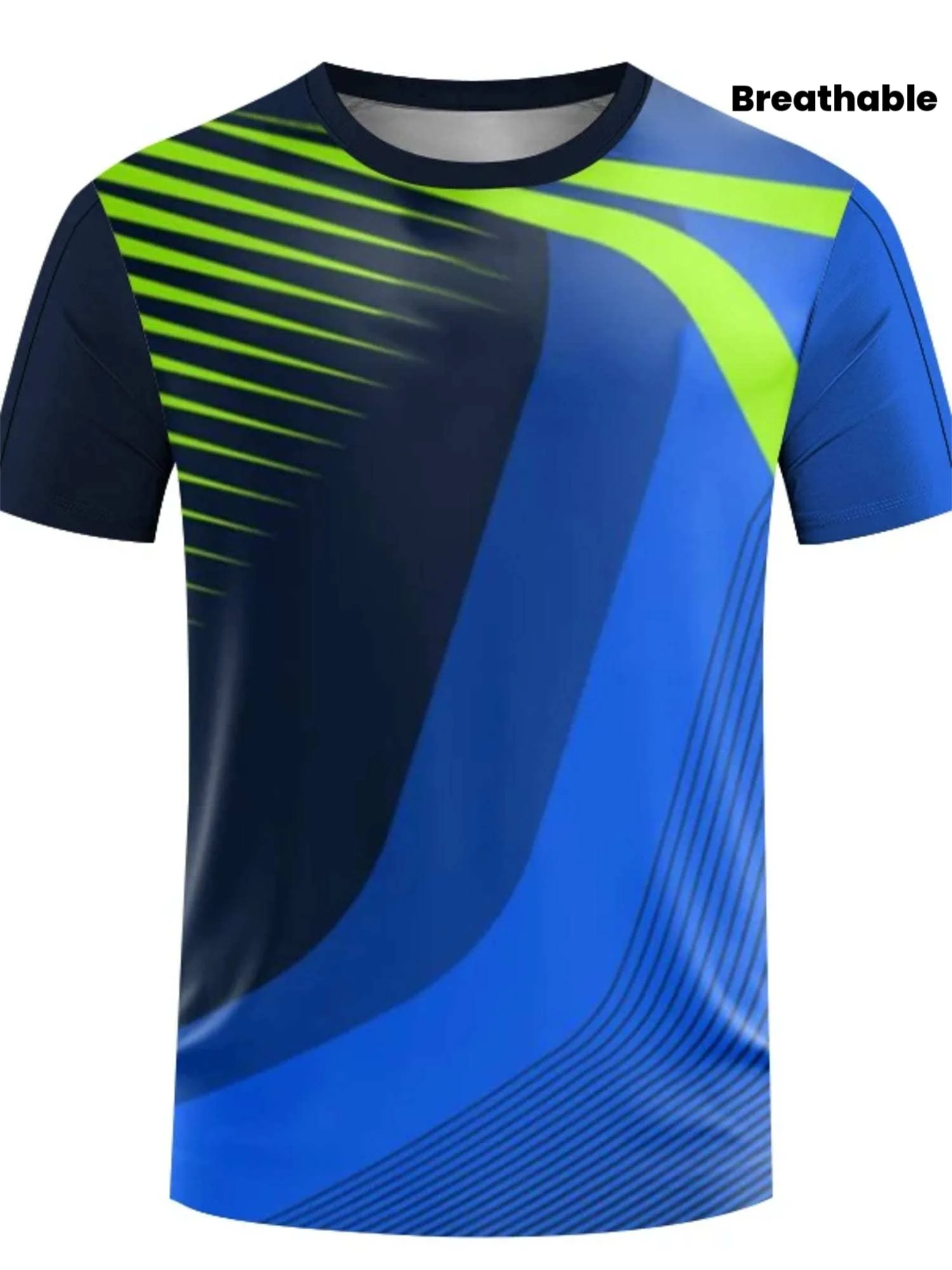 Men Quick Dry High Elastic Sport T Shirt Blue Green Curve Line Gradient Print Breathable Training Top