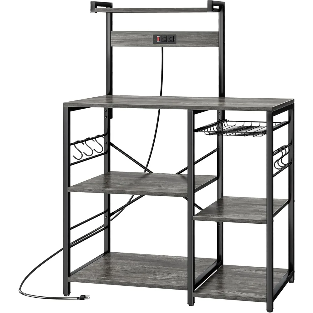 

Bakers Rack with Power Outlet, Microwave Stand, Coffee Bar with Wire Basket, Kitchen Storage Rack with 6 S-Hooks