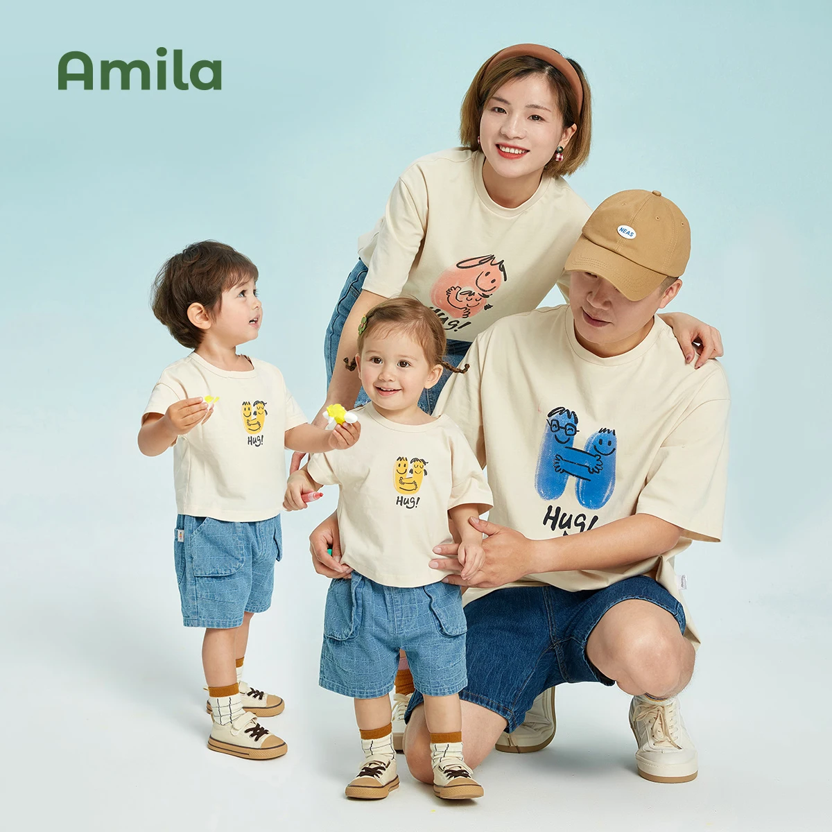 Amila Children\'s Cothing Family Hort-sleeved T-shirt Parent-child Wear 2022 Summer New Children\'s Outing Season Cotton Tops