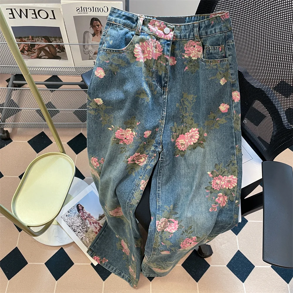 

Chic Vintage Print Straight Denim Pants Women Streetwear Loose Versatile High Waist Wide Leg Jeans Korean Casual Female Trousers