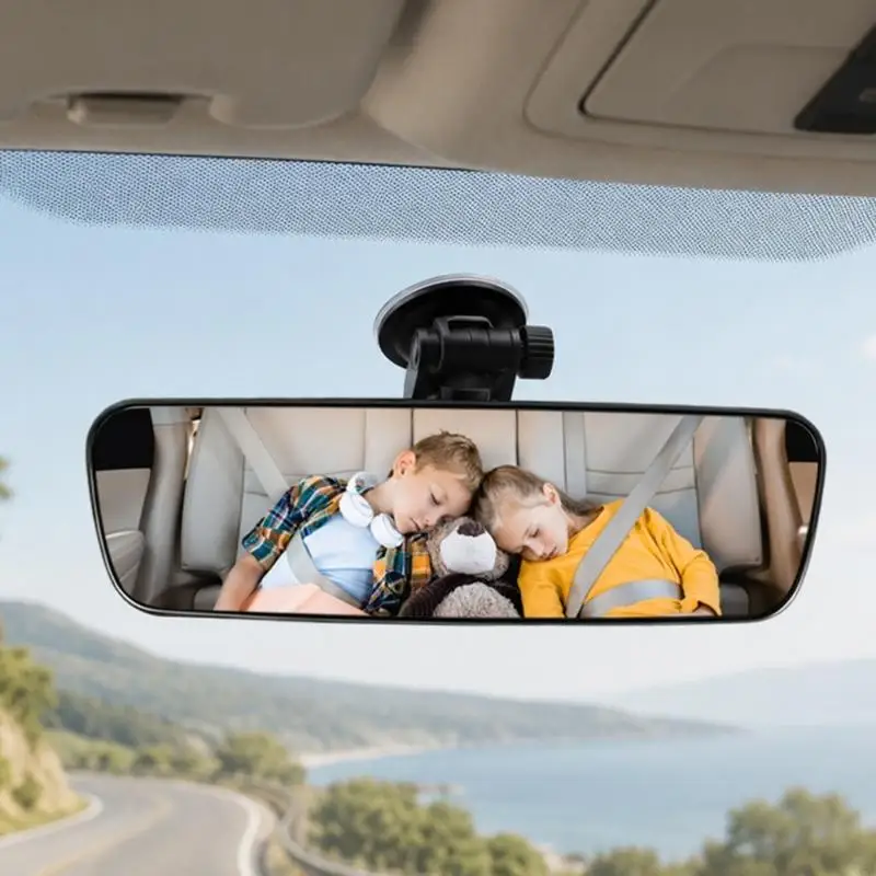 Universal Black Vehicle Rear View Mirror, 22 x 6 Interior Mirror with Suction Cup Mount and Adjustable Bracket for Daily Driving