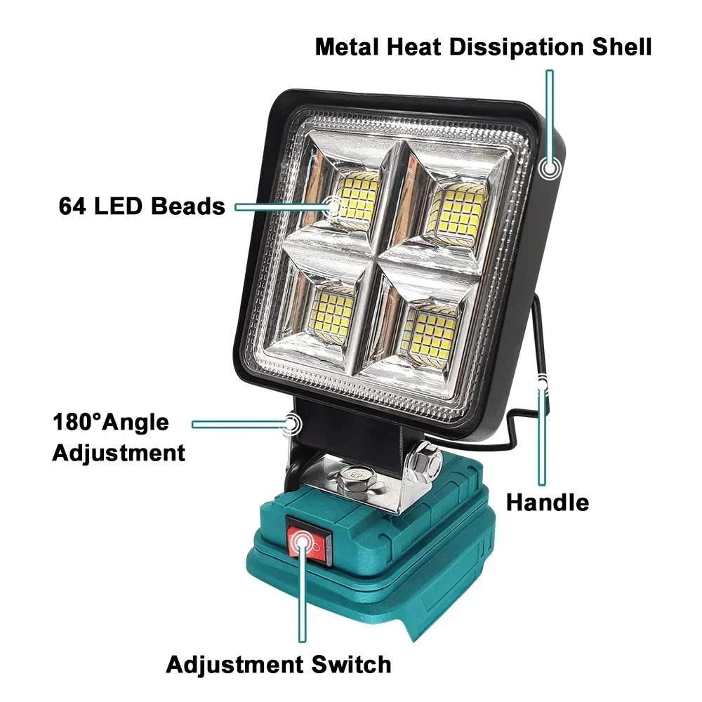 Lampe de poche portable réglable à 64 LED pour Makita, budgétaire extérieur, lampe de base USB pour touristes, batterie 18V, sans batterie, 4 po, 180 °