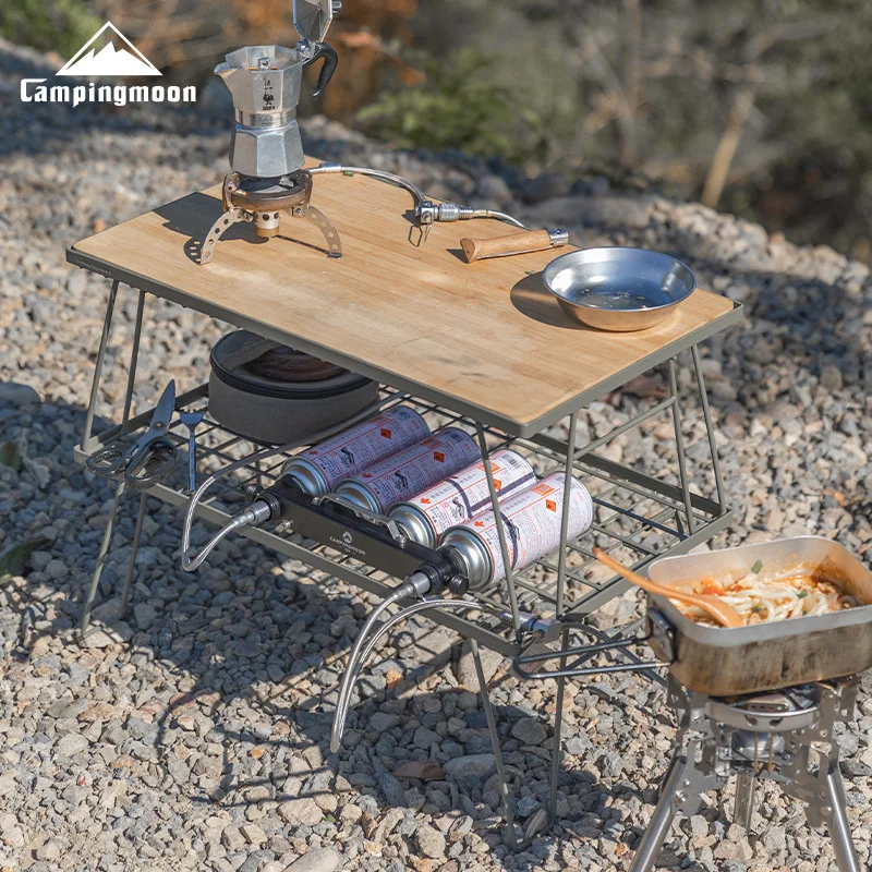 CAMPINGMOON T-233 Outdoor Portable Khaki Foldable Barbecue Picnic Table Multi Layer Iron Storage Rack Folding table