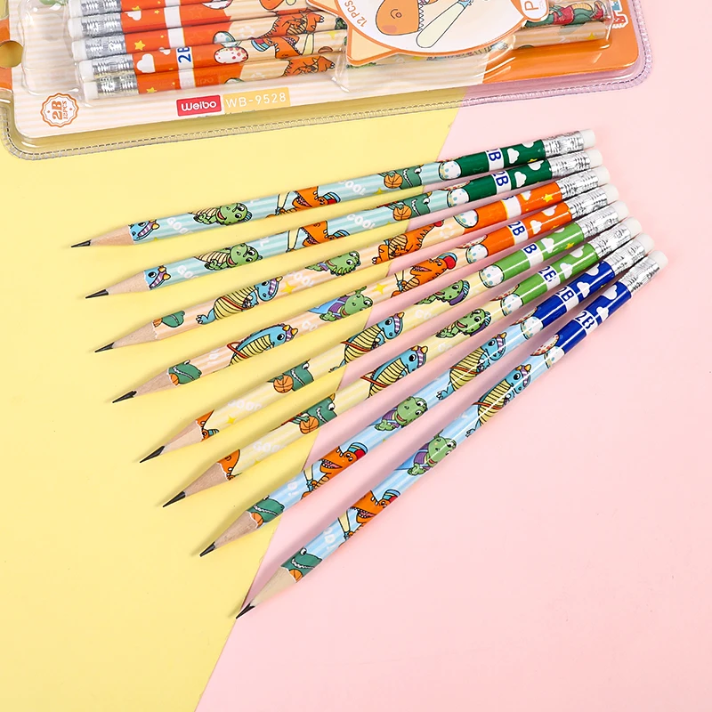 12Pcs/Set wooden pencils with eraser 2B pencil Little dinosaur Cartoon writing pen cute Student pen School supplies gi