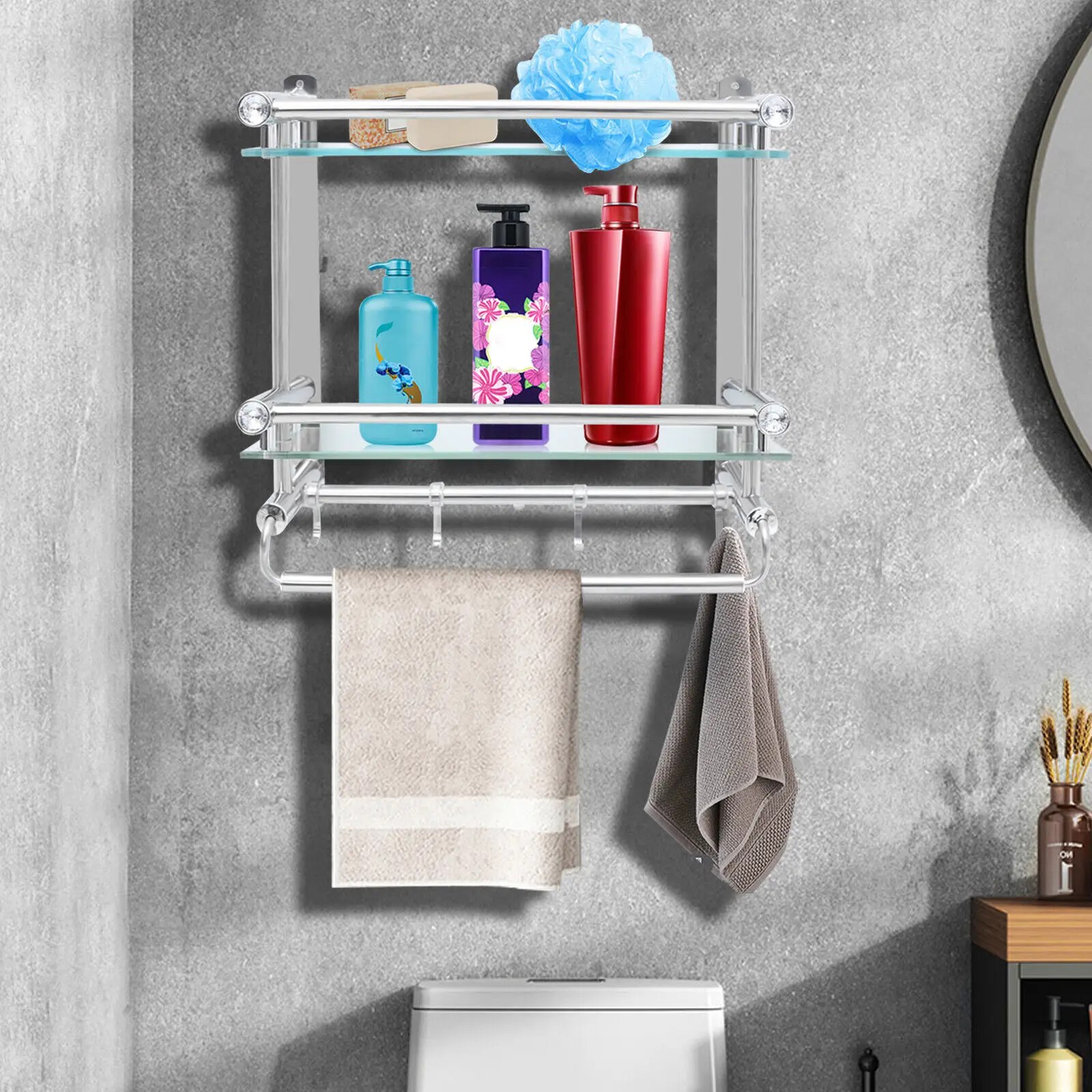 Bathroom Shelf Tempered Glass Floating Shelves Wall Mounted Stainless Steel Storage Rack with 2 Towel Bar Hanger