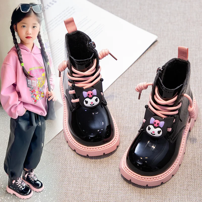 Sanrios Girls Fashion Leather Boots Children Kawaii High Top Casual Waterproof Sneaker Comfortable Platform Boots Casual Shoes