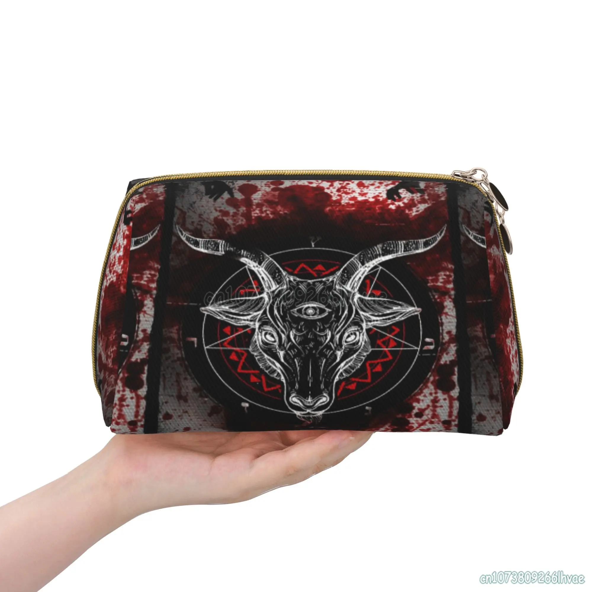 Pentagramma con Demon Baphomet Satanic Goat Head borsa cosmetica da donna borsa per cosmetici con cerniera Casual grande borsa per il trucco