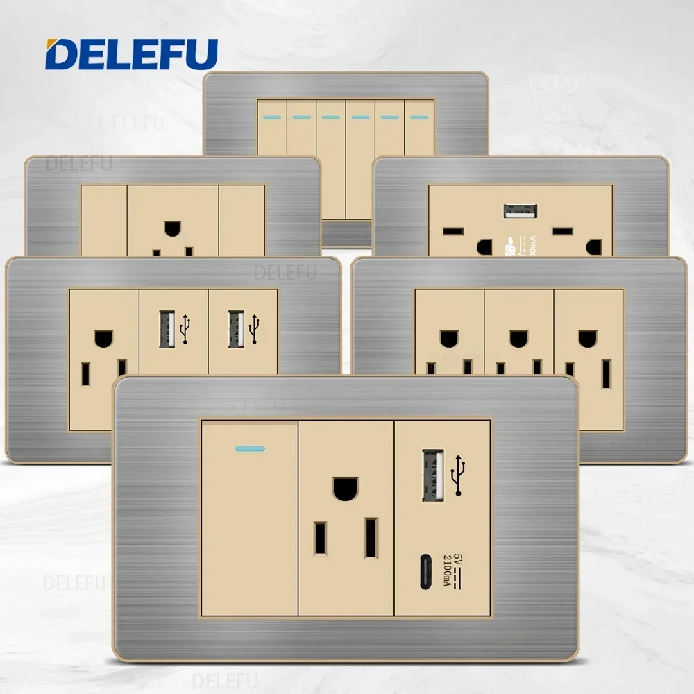 DELEFU- American Standard Switch Socket Stainless Steel Gold Border Grey Panel Series Power Socket