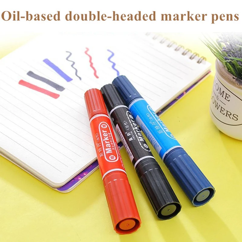 3Pcs/Set Oil-Based Permanent Markers Dual Tip 2mm/5mm Waterproof Quick-Drying Black Red Blue Thick Markers for Office School