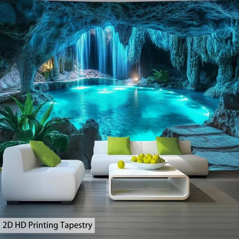 INS Wind Healing Cave Waterfall Pool Tapestry Polyester Fiber Wall Hanging Living Room Bedroom Dormitory Wedding Party Decor
