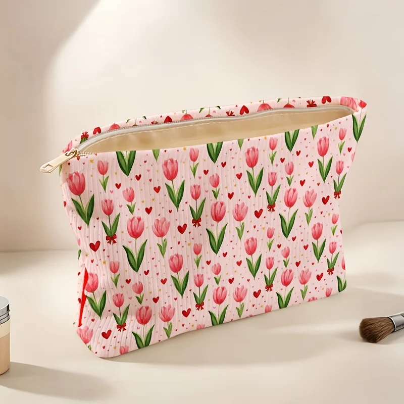 1pc, Romantic Pink Tulip Hearts Pattern, Printed Corduroy Makeup Bag, Portable Zipper Storage Pouch for Cosmetics