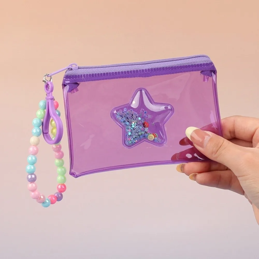 Portable Quicksand Coin Purse PVC Colorful Student Card Holder Transparent with Beaded Lanyard Travel Storage Bag