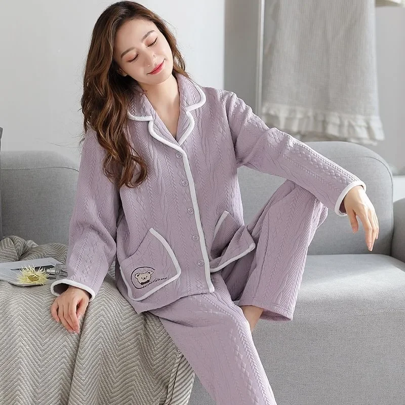 

2024 New Sleepwear Women's Autumn Winter Thick Loungewear Pure Cotton Interlayer Air Cotton Sleepwear V-neck Warm Homewear Set