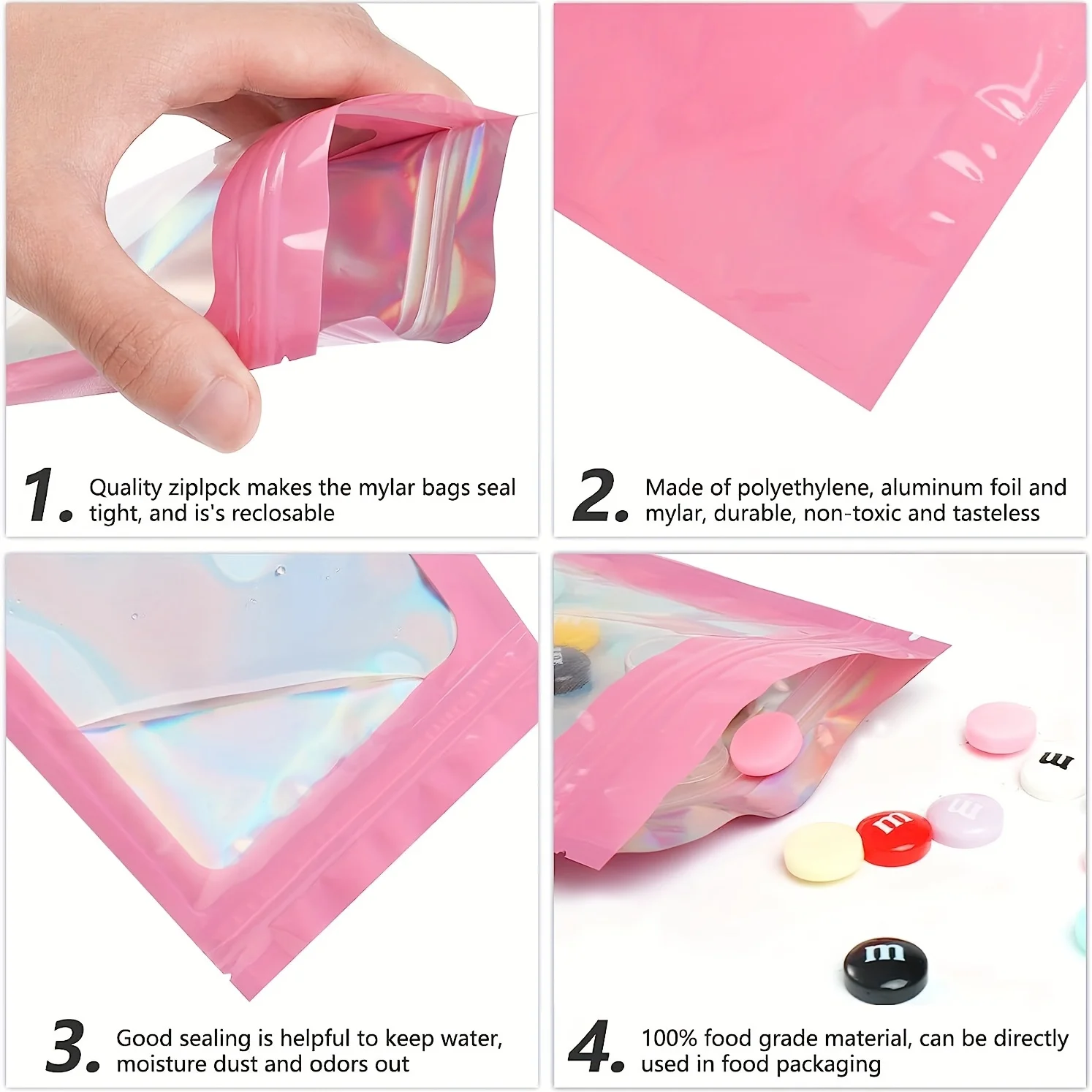 100 pieces of polyester film holographic bag packaging bag, transparent resealable odor proof bag, food storage and lip gloss fo