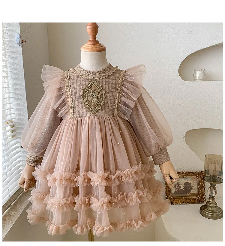 

Kid Girl Long Sleeve Dress Lace Trimmed Neckline Crochet Detail Bodice Ruffled Mesh Sleeves Layered Ruffled Tulle Children Skirt
