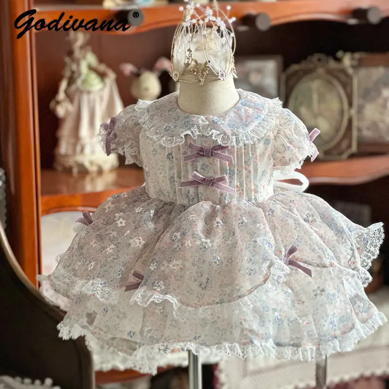 Original Spring and Summer New Lolita Princess Floral Dress Childrens Doll Collar Bow Lace Ruffle Trim Mesh Tutu Casual Gown