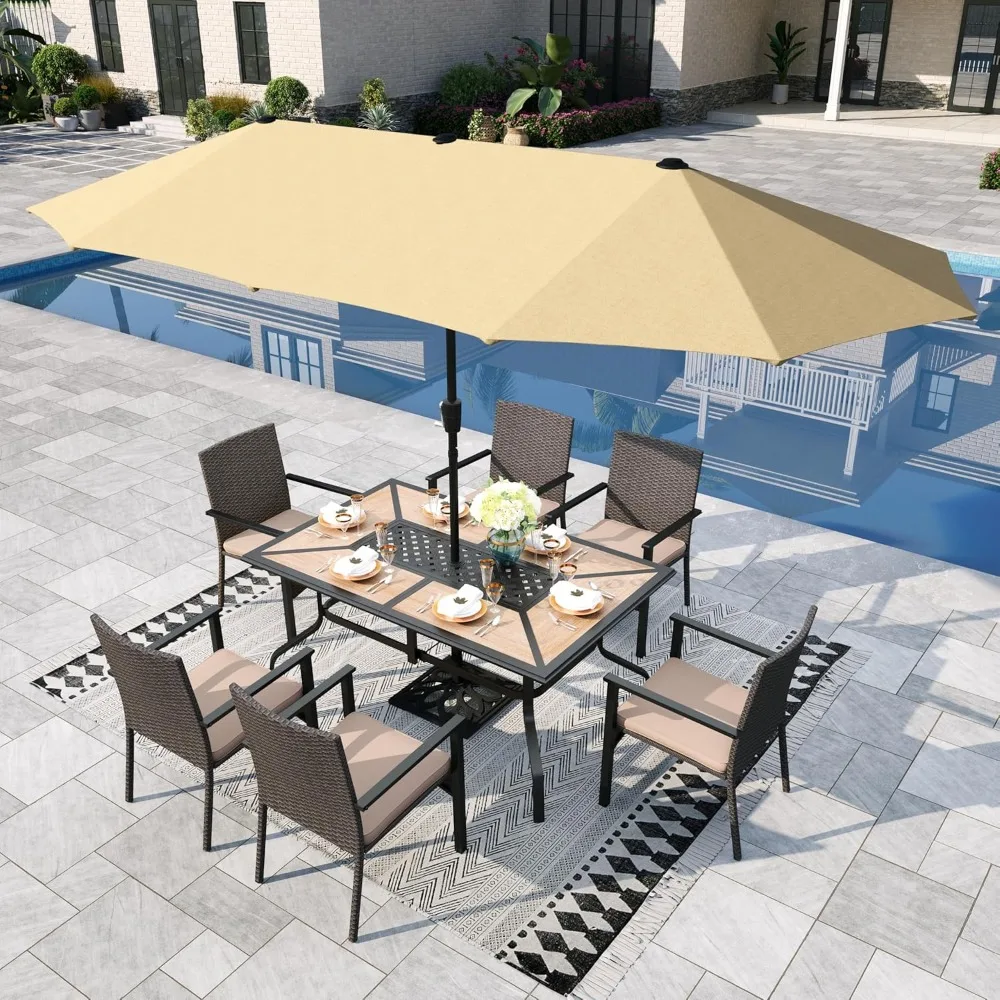 

7 Pieces Outdoor Patio Dining Set, with13ft Umbrella ,Cushioned Rattan Chairs Set with Patio Umbrella, Outdoor Dining Table Sets