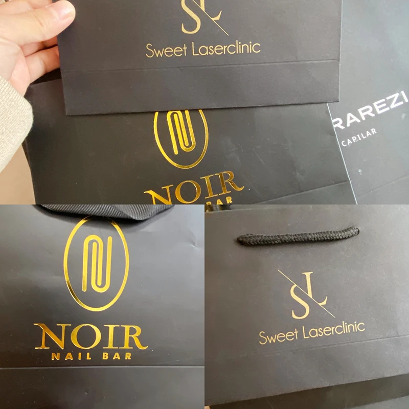 100 Pcs Custom Logo Paper Black Bag For Small Business Package Bags Gold Stamping Black Bags Wig Wedding Package Bags Birthday