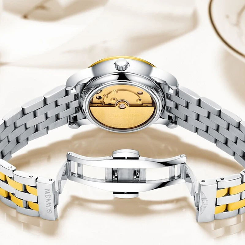 Guanqin relógio automático feminino luxo mecânico borboleta motivo esqueleto mostrador de aço lazer 50m à prova dwaterproof água relógios luminosos