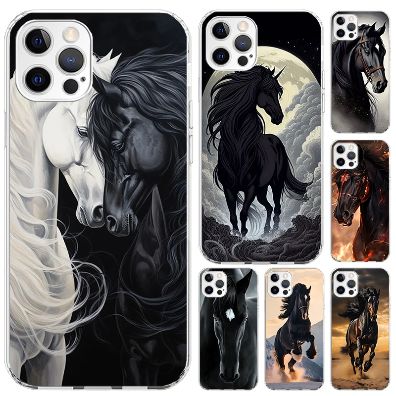 Animal Black Horse Phone Case for Iphone 16 15 14 13 12 Mini 11 Pro Max X XS XR 7 Plus 8 SE 2020 Soft Funda Print Shell