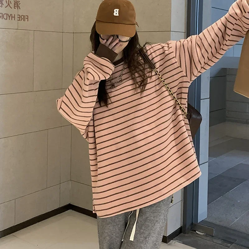 Pink Stripe Oversized T-shirt Long Sleeves Shirt Chic Loose Inner Wear 2024 Autumn New Chubby Girl Women Clothes Fashion Tees