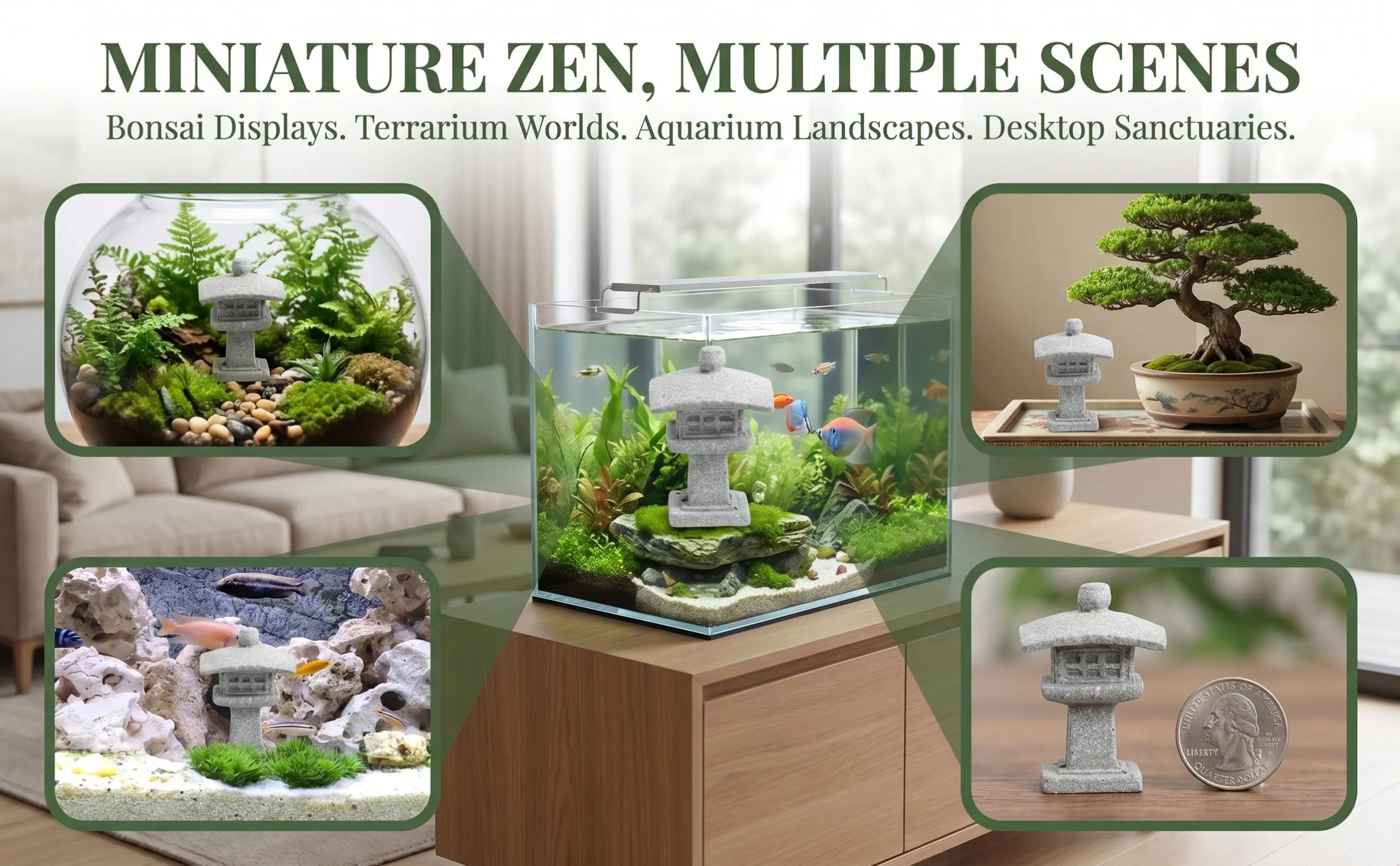 2Pcs Miniature Pagoda Statue Japanese Style Sandstone Garden Decor Mini Garden Ornaments Tabletop Sculpture for Home Office Fish