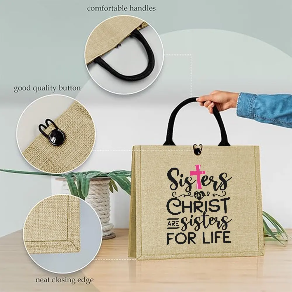 Sisters in Christ Are Sisters for Life Print Linen Tote Bag Religious Cross Graphic Reusable Shopping Handbag Faith Gift Bag