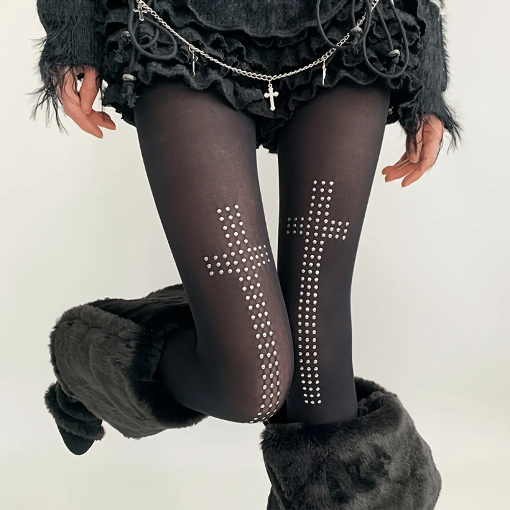 Black Fashion Crosshot Bedazzled Tights Vintage Hip Hop Punk Style Hot JK Sexy Black Sheer Stockings Y2K Aesthetic Role Play
