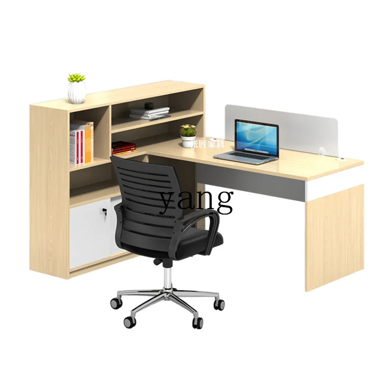 LH desk, chair with locker, company employee card space, screen partition