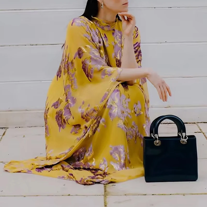 New 2026 Chic Loose Fit Holiday Dress Fashion Lady O Neck Batwing Sleeve Robe Dress Spring Autumn Pattern Printed Women's Dress