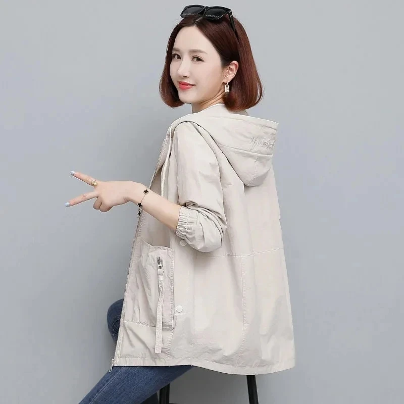 Windbreaker Jacket Women\'s Mid-Length 2023 New Spring Autumn Coat Jacket Zipper Hooded Outerwear Loose Streetwear Black Clothes