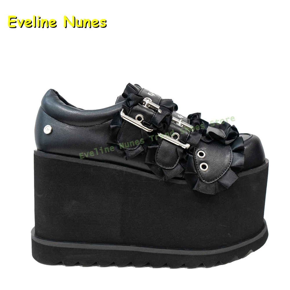 Women's Black Ruffle Platform Mary Jane Shoes Gothic Lolita Buckle Wedge Sneakers Street Style Belt Buckle Thick Sole Pumps 2026