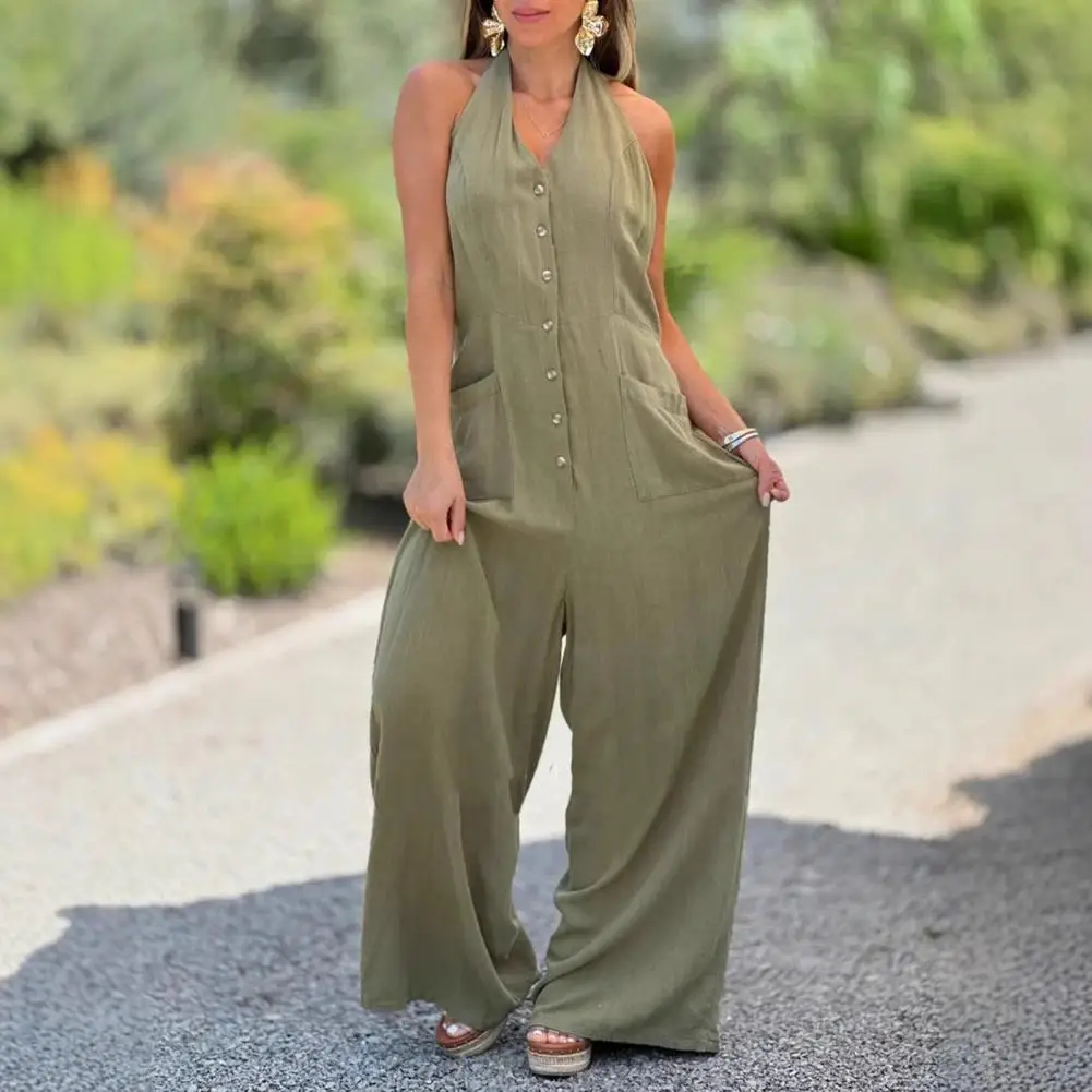 Cotton And Linen Jumpsuit Women Stand Collar Sleeveless Pocket High Waist Wide Legs Jumpsuits Casual Commuting Ladies Bodysuits