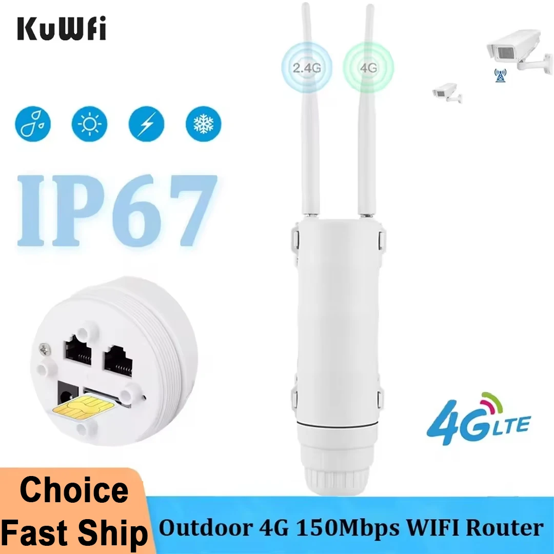 KuWFi Outdoor 4G LTE WiFi Router CAT4 300Mbps IP67 Waterproof 4G SIM Card Wi-Fi Routers for Outside WiFi Covera Support 64 Users