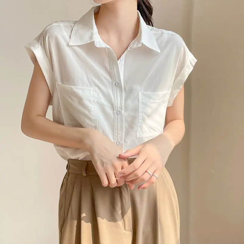 

Summer New Solid Color Fashion Short Sleeve Shirt Women POLO Collar High Street Button Patchwork Cardigan Pockets Patchwork Tops