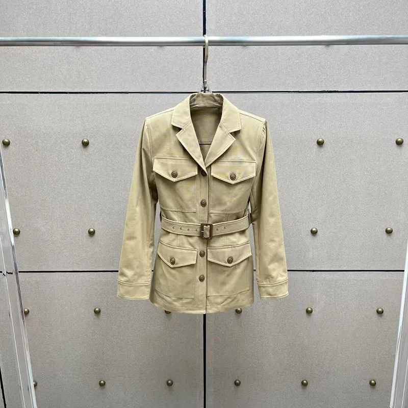 

2026 Spring New Arrival Women's Multi-Pocket Jacket, Vintage Workwear Lapel Blazer, Belted Waist Short Trench Coat, Y2K Style