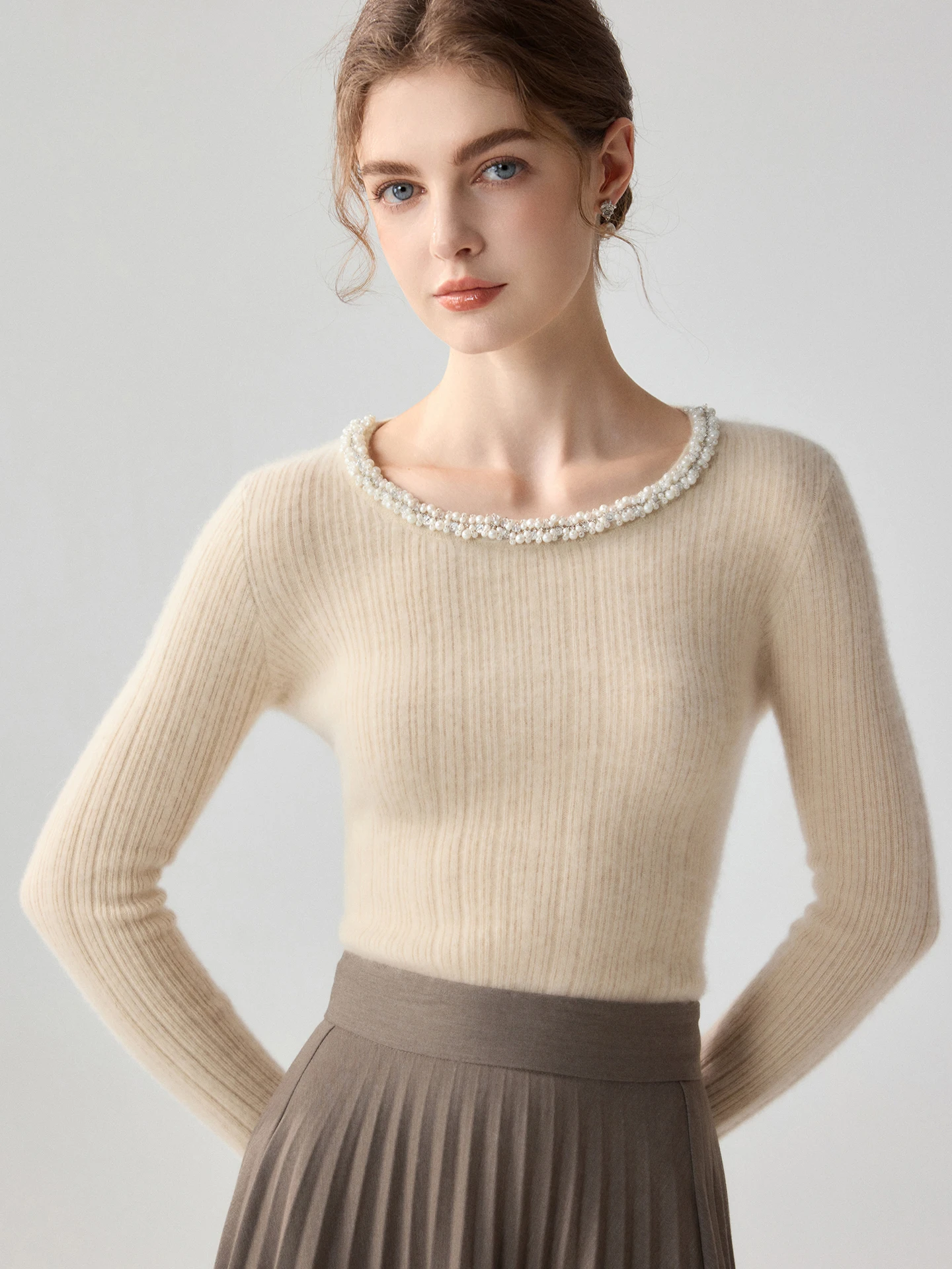 TLOML Women's 100% Cashmere Sweater O-Neck Handmade Nail Beads Pullover Autumn Winter Cashmere Knitwear Office Lady Elegant Tops