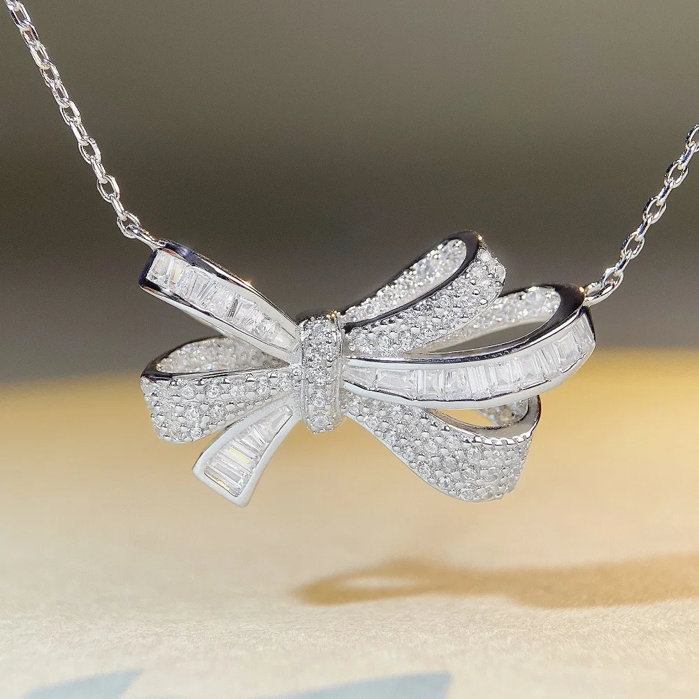 

S925 Sterling Silver Bow Necklace Women's Full Diamond Back Cover Luxury Inlay Ins Style Tiktok Cross-border Blockbuster