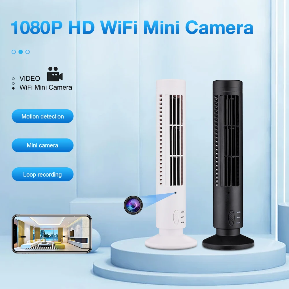 1080P HD wifi Mini USB Camera Tower Fan Motion Detection Camera Home Security Nanny Camera Mini Bladeless Fan Camera