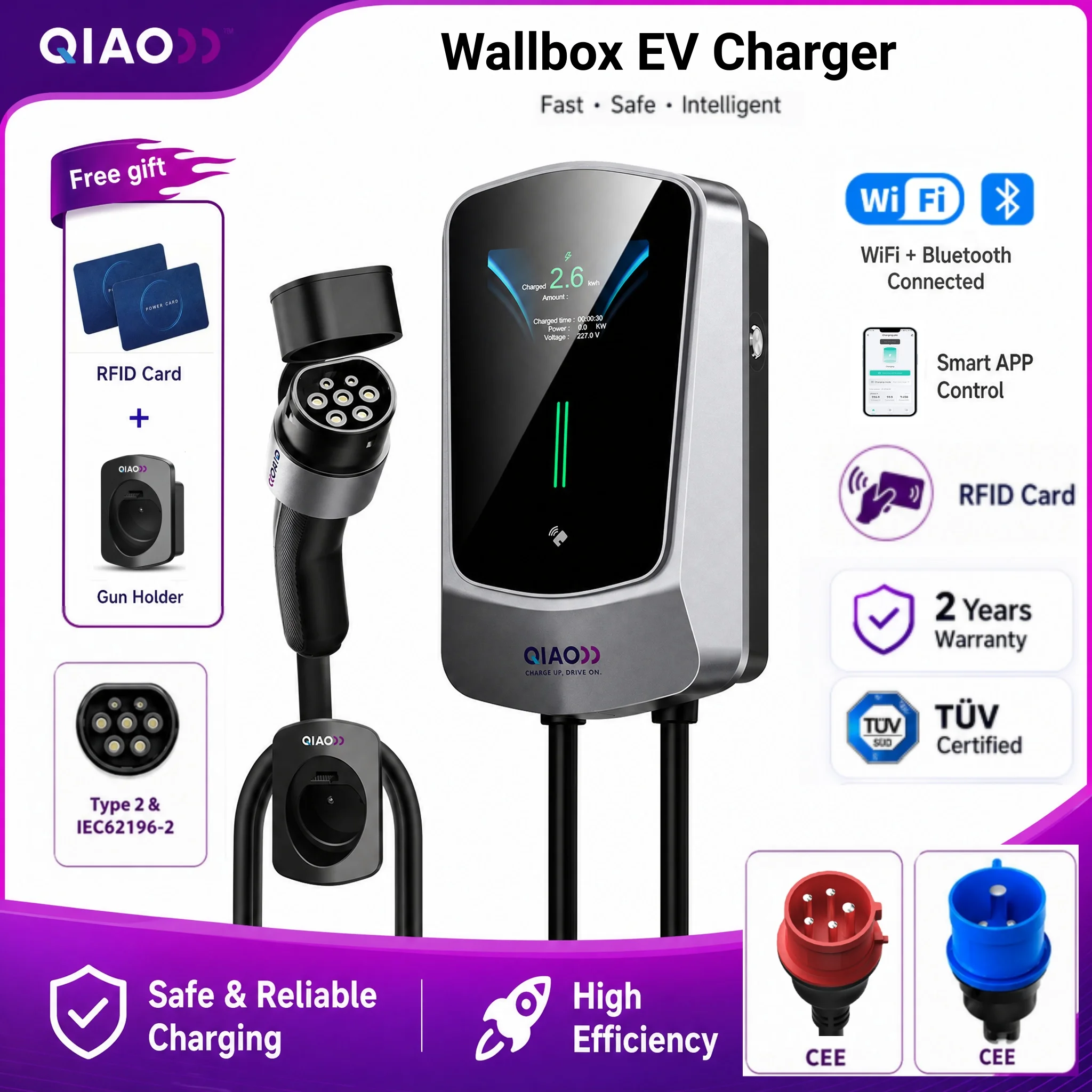 Type2 EV Charging Station 7.4KW 3-Phase Electric Vehicle Car Charger 22KW 11KW IEC62196-2 CEE Plug EVSE Wallbox RFID APP Control