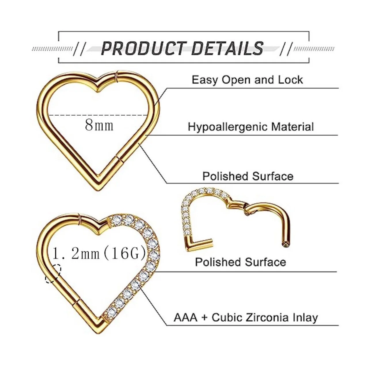 ASTM F-136 التيتانيوم الأنف الدائري Daith حلق على شكل قلب هوب الغضروف الزنمة D شكل اللولب خواتم متمحور الجزء هوب مع واضح تشيكوسلوفاكيا
